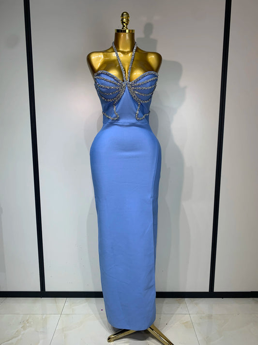 Sexy Halter Long Bandage Shiny Crystal Backless Evening Party Birthday Dress