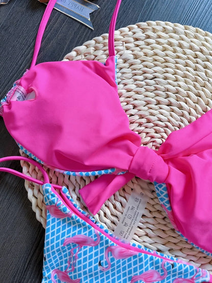Women Two-Piece Push up Grid Flamingo Print Swimsuit Thongs Bikini Bathing Suit