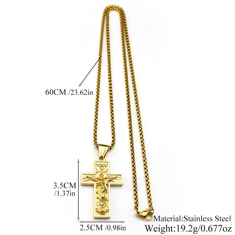Women Men Gold Color Chain Religious Crucifix Amulet Stainless Steel Cross Jesus Pendant Necklace