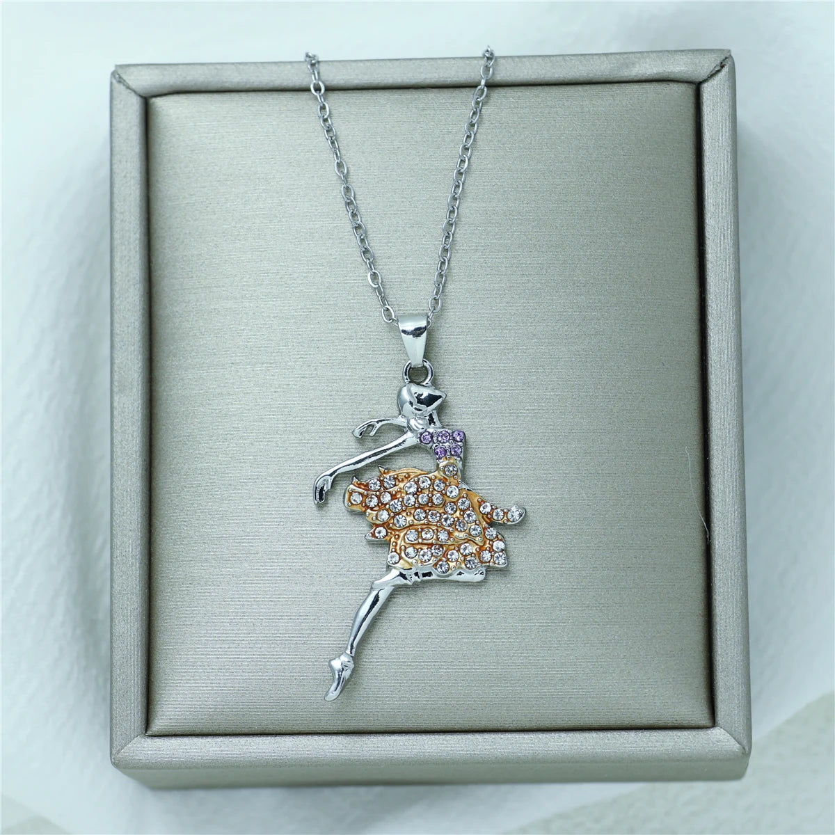 Women Exquisite Ballet Girl Colorful Rhinestone Pendant Necklace