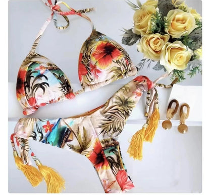 Women's Swimsuit Two-piece Triangle Halter Botany Print Bikini Swimwear Bathing Brazilian Suit