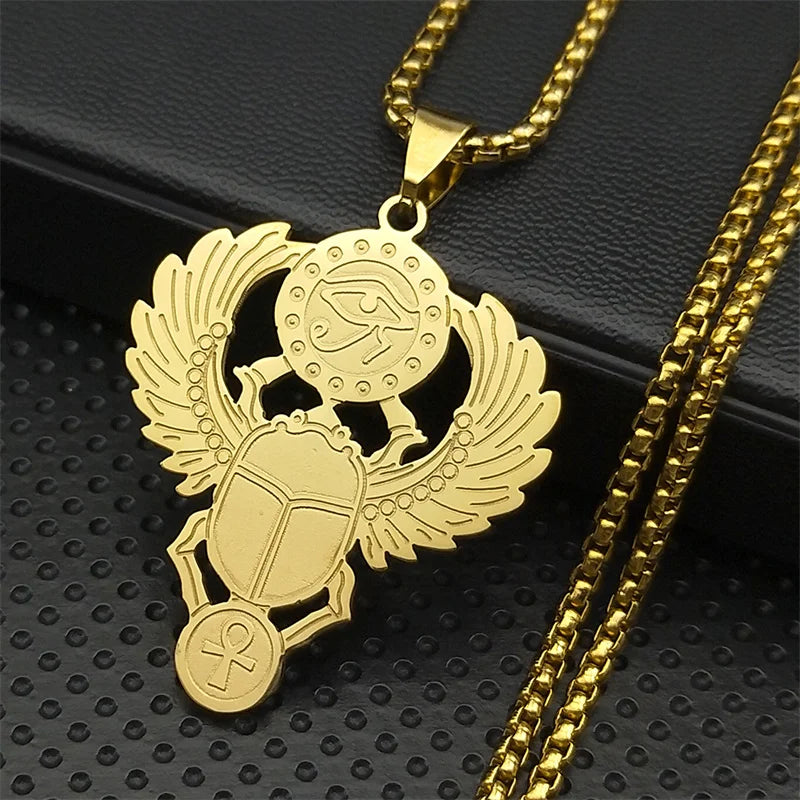 Key Of Life Egyptian Scarab Eye of Ra Horus Symbol Stainless Steel Gold Color Pendant Necklace