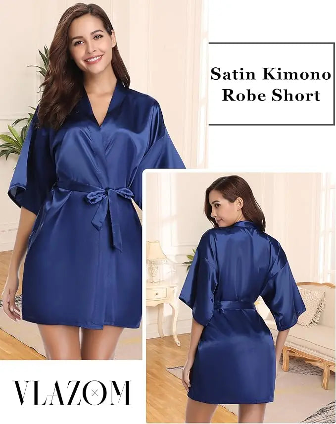 Women Nightgown Solid Color Kimono Bathrobe Satin Wedding Bridal Sleepwear