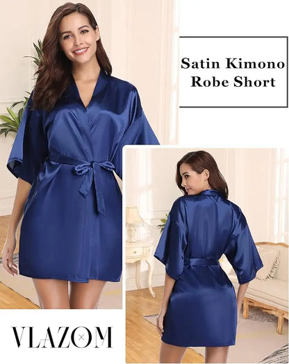 Women Nightgown Solid Color Kimono Bathrobe Satin Wedding Bridal Sleepwear
