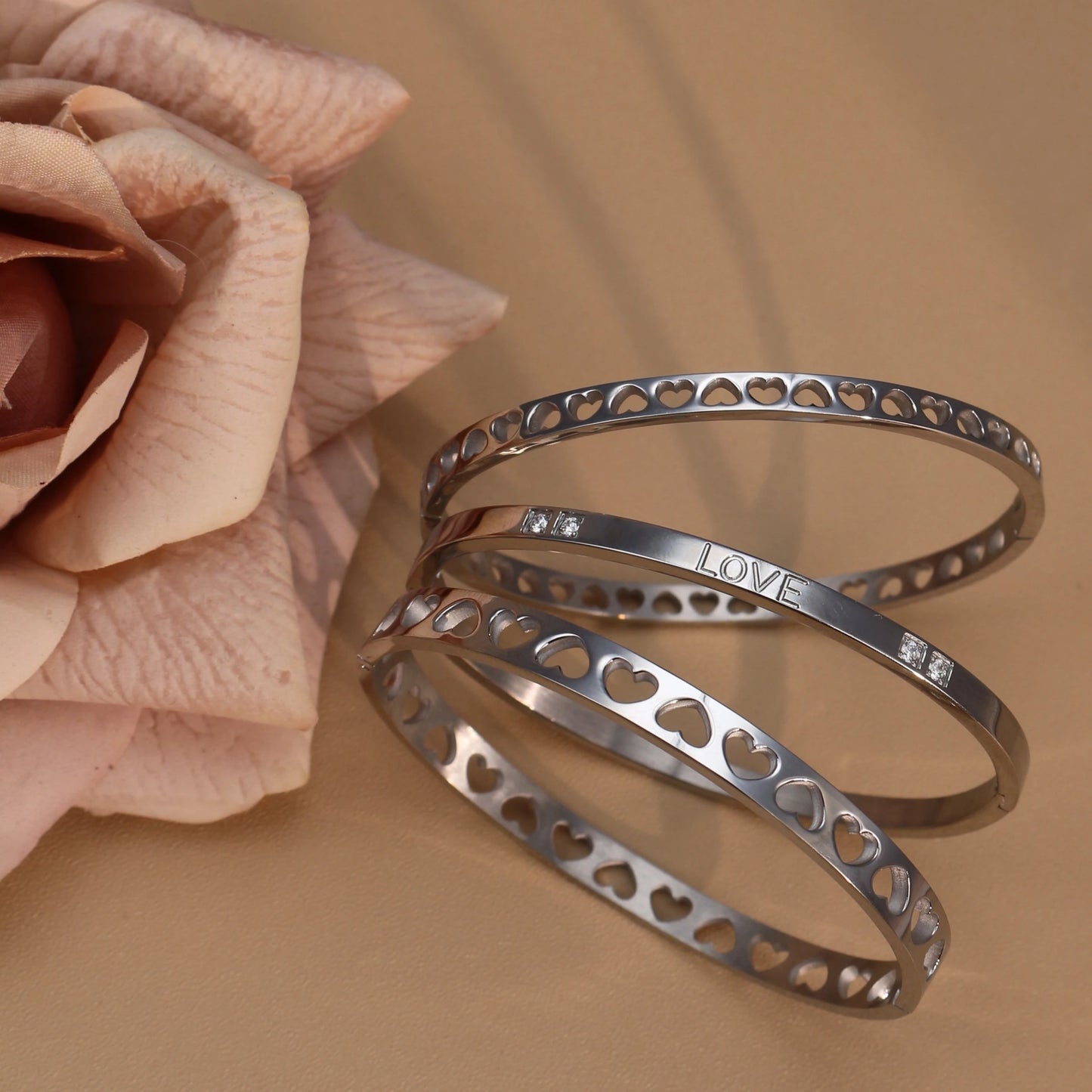 18K Gold-Plated LOVE Stainless Steel Zircon Openwork Bangle Bracelet Women's Jewelry