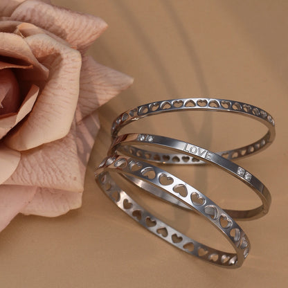 18K Gold-Plated LOVE Stainless Steel Zircon Openwork Bangle Bracelet Women's Jewelry
