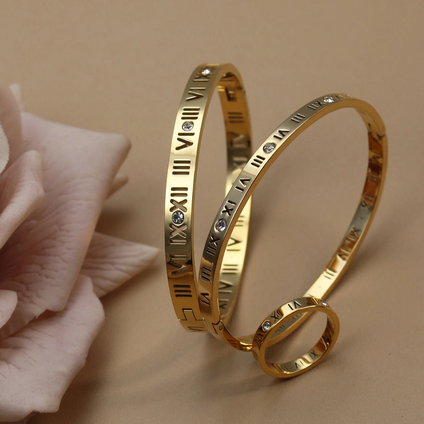 Stainless Steel 18K gold plated Roman Numeral Bracelet Bangles Ring 2-in-1 Jewelry