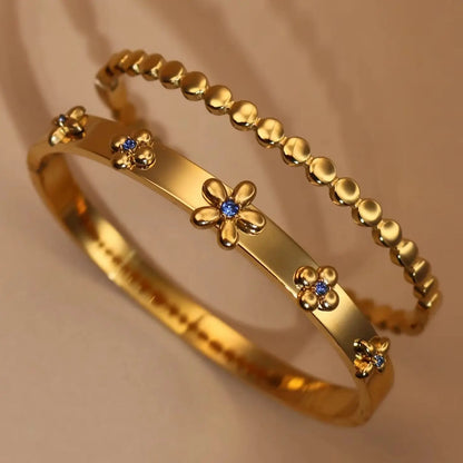 New Floral Blue Zircon Lentil Design 18K Gold Plated Stainless Steel Women's Bracelet Jewelry