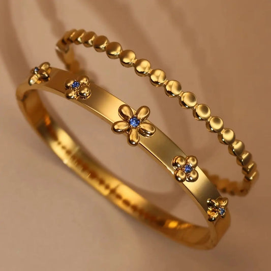 New Floral Blue Zircon Lentil Design 18K Gold Plated Stainless Steel Women's Bracelet Jewelry
