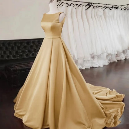 Women's Scoop Neck Sweep Train Prom Backless A-line Satin Long Formal Evening Party Dress w/ Pockets