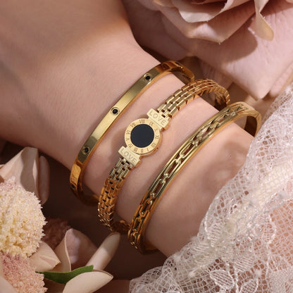 Stainless Steel Zircon Roman Numeral Chain Design Women Bracelet Bangle