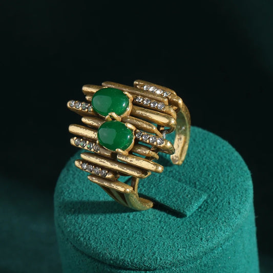 Women Vintage Natural Stone Green Emerald Gold Color Oval Geometry Adjustable Ring