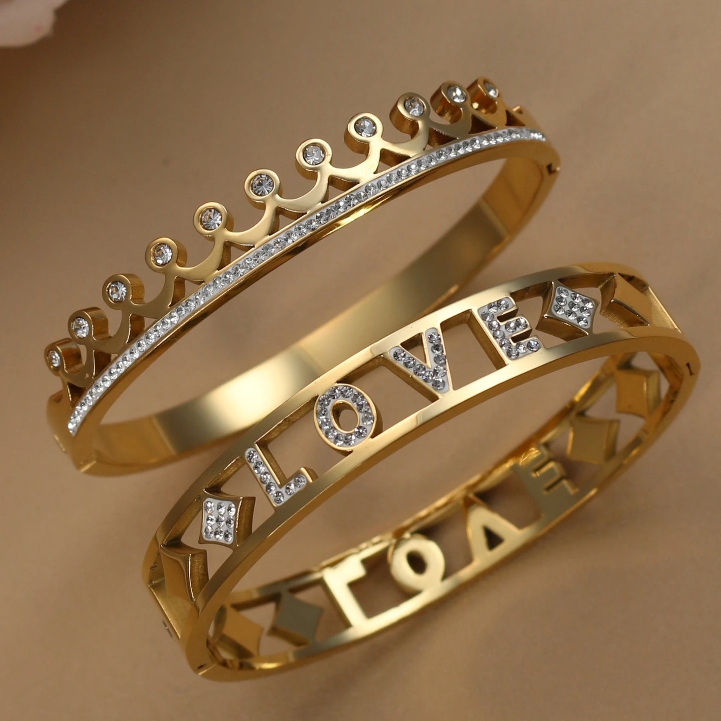 Delicate Crystal Crown LOVE Stainless Steel Gold Color Cutout Design Women's Charm Bracelet