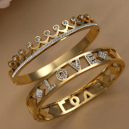 Delicate Crystal Crown LOVE Stainless Steel Gold Color Cutout Design Women's Charm Bracelet