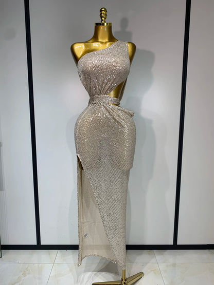Sexy One Shoulder Long Designer Split Evening Party Birthday Dress