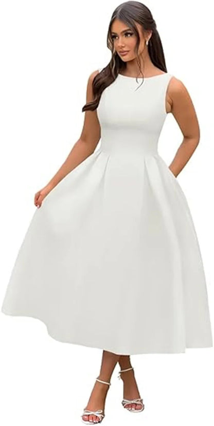 Simple Elegant O-Neck Satin Midi Prom Tea Length Backless A Line Formal Evening Party Bridal Dress w/ Pockets