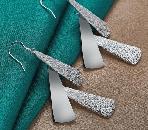 Women 925 Sterling Silver Frosted Long Geometric Charm Fashion Wedding Engagement Drop Earrings