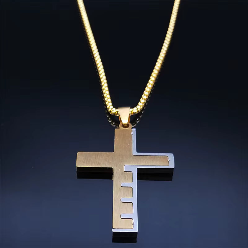 Men Stainless Steel Gold Color Bible Amulet Cross Christian Church Prayer Necklace