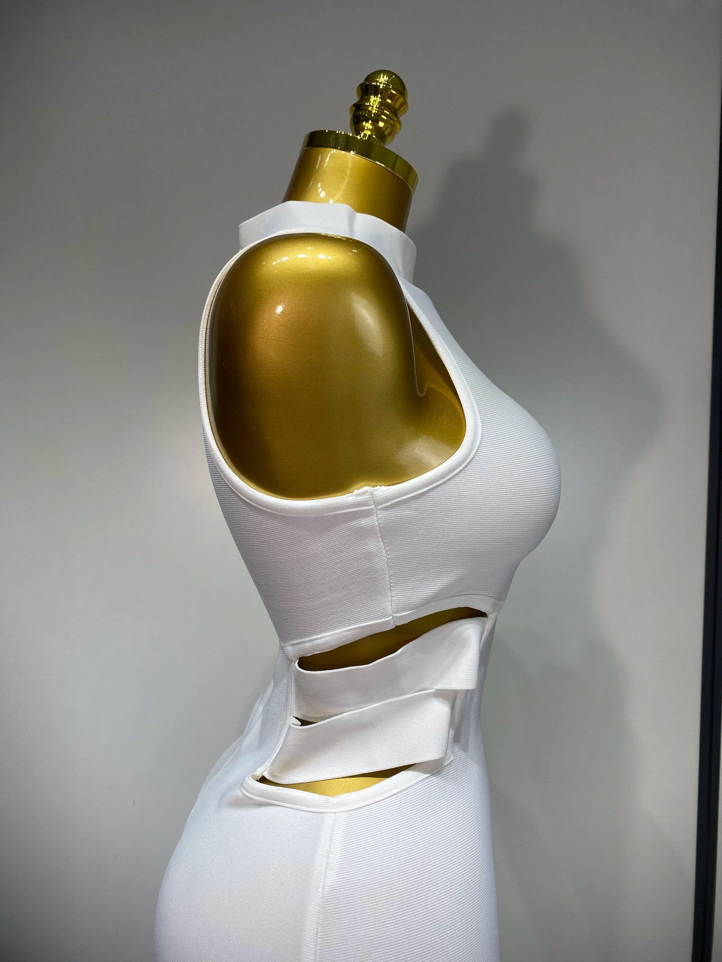 Sexy Turtleneck White Cut Out Midi Bandage Evening Party Prom Birthday Dress