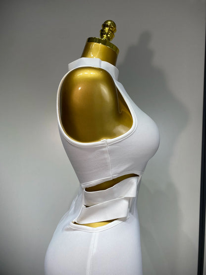 Sexy Turtleneck White Cut Out Midi Bandage Evening Party Prom Birthday Dress