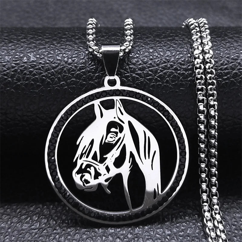 Men Women Stainless Steel Crystal Animal Chain Horse Head Pendant Necklace