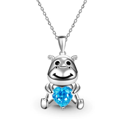 Cute Cartoon Creative Holding Heart Blue Crystal Hippo Pendant Necklace