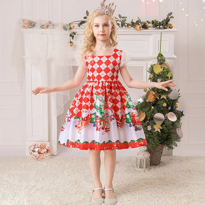 Girls Kids New Year Party Santa Claus Snowman Print Cosplay Costume Xmas Princess Theme Party Dress