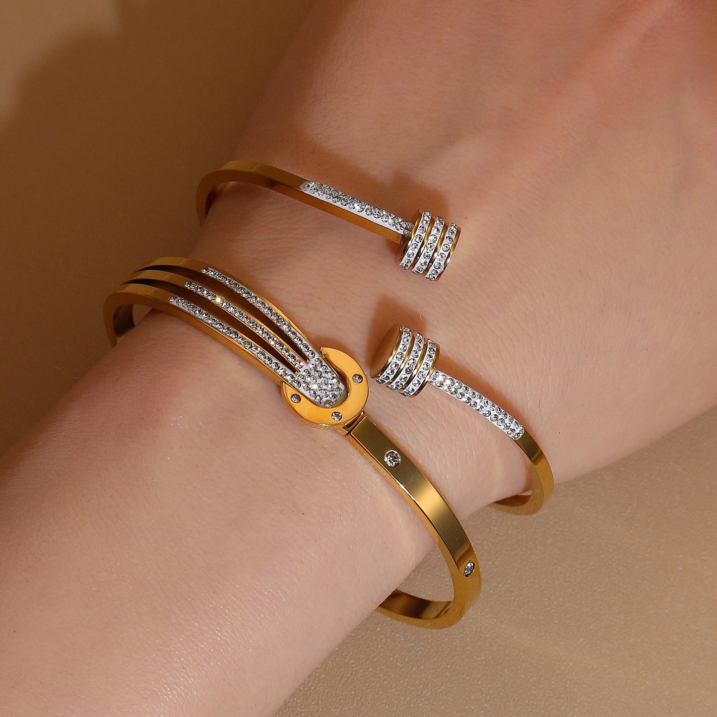 Women 18k Gold Plated Crystal Hollow Open Stainless Steel Bracelet
