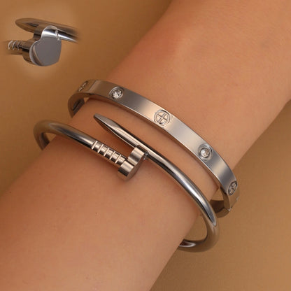 Women Heart Shaped Zircon Stainless Steel Gold Color 2-in-1 Bangles Bracelet Jewelry