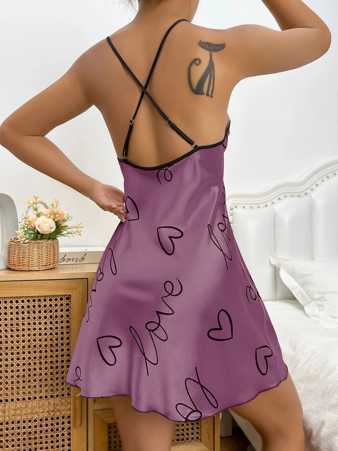 Heart Print Scoop Neck Criss Cross Women's Sleepwear Nightdress