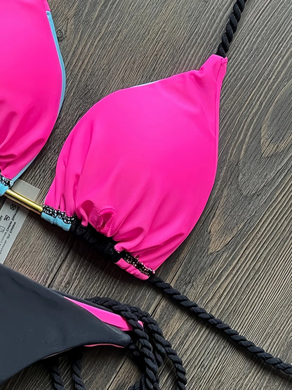 Solid Splice Swimwear String Halter Two-piece Triangle Micro Bikini Thong Sexy Swimsuit Bathing Suit