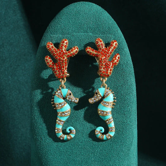 Vintage Antique Women Coral Seahorse Enamel Natural Stone Drop Earrings