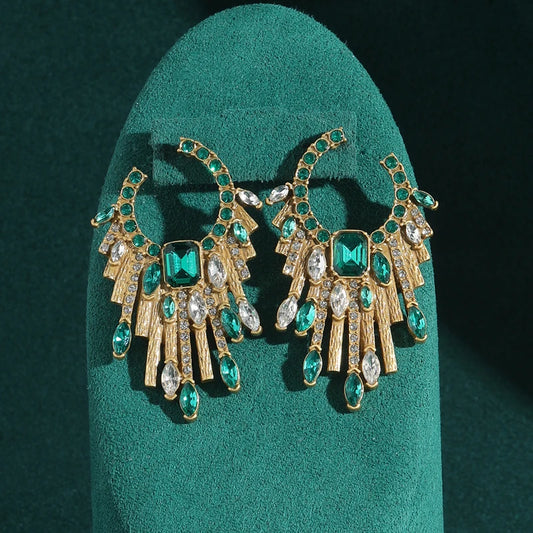 Vintage Women Green Crystal Tassel Gold Color Antique Large Earrings