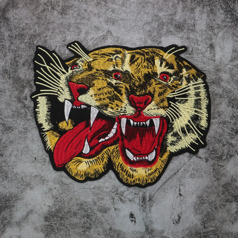 Large Size Biker Applique Fierce Tiger head Embroidery Patches Iron on for Clothes Animal Stickers Patch