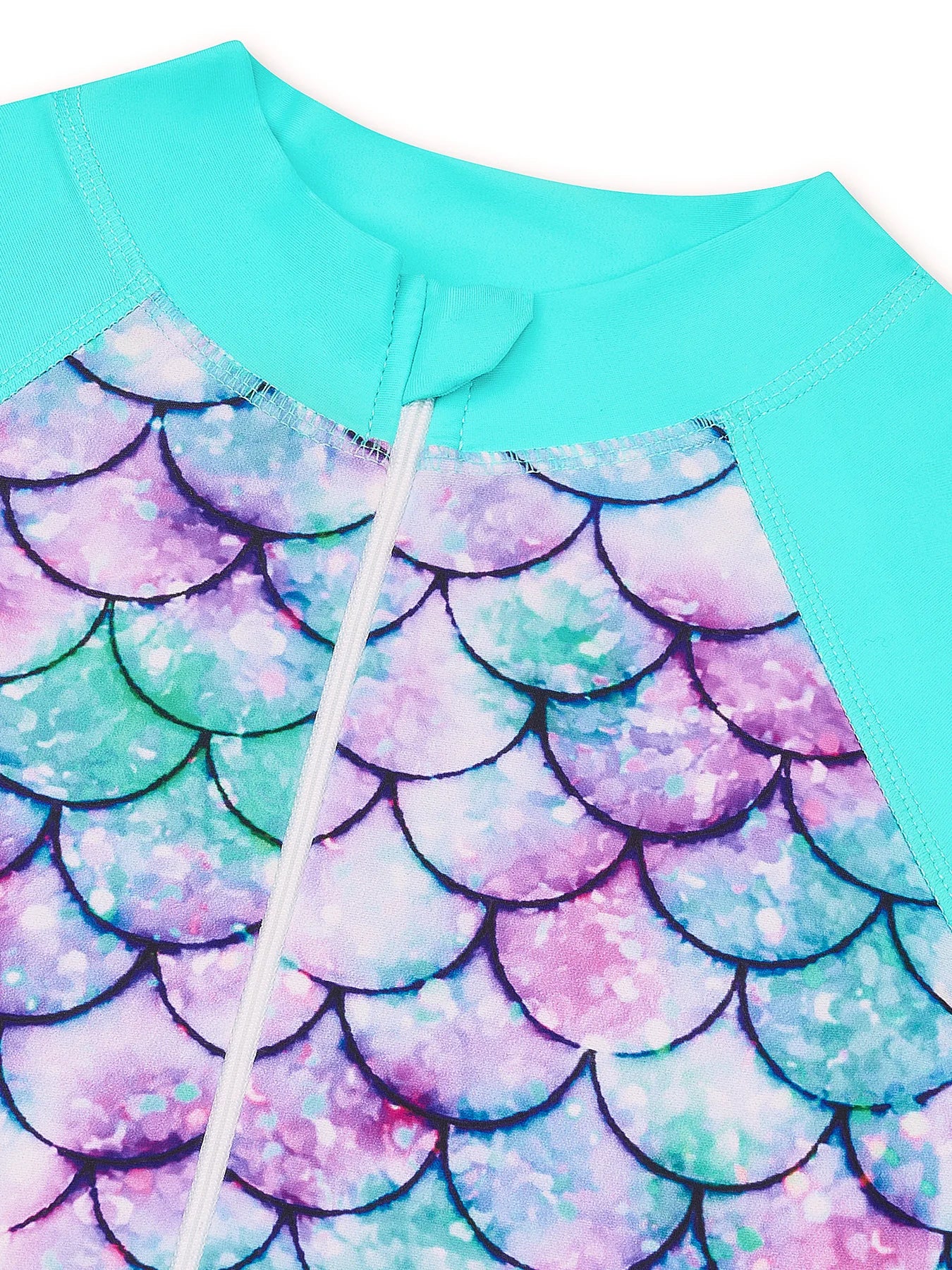 Kids Girls Long Raglan Sleeve Scale Print Zipper Boyleg Shorts Swimwear Beach Swimsuit