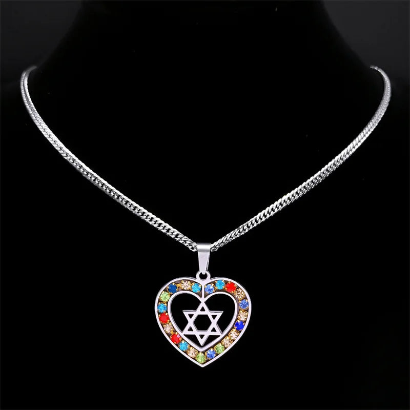 Women Men Silver Color Stainless Steel Jewish Star of David Hexagram Heart Shape Necklace