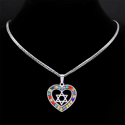 Women Men Silver Color Stainless Steel Jewish Star of David Hexagram Heart Shape Necklace