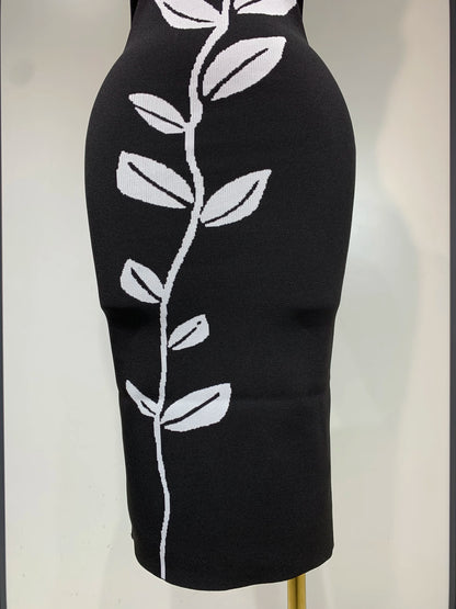 Women Fashion Celebrity Sexy Backless Rose Flower Midi Black Jacquard Bandage Party Dress