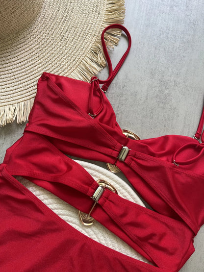One-Piece Women Removable Shoulder Strap Ring Linked Bikini Monokini Backless Hollow Out Beach Swimsuit
