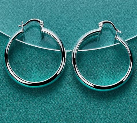 925 Sterling Silver 35mm Circle Smooth Woman Fashion Charm Engagement Wedding Hoop Earrings