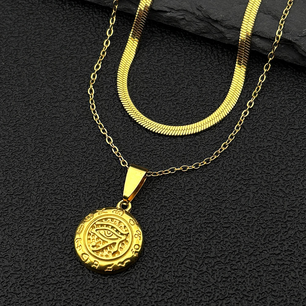 Women Men Gold Color Eye of Ra Horus Symbol Stainless Steel Egyptian Eyes Hieroglyph Chain Pendant Necklace
