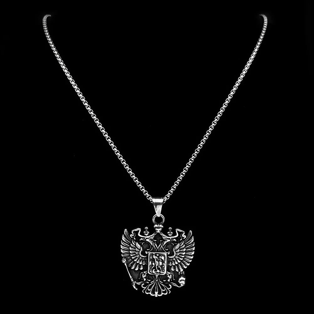 Women Men Silver Color Stainless Steel Russian Double-Headed Eagle National Emblem Symbol Pendant Necklace