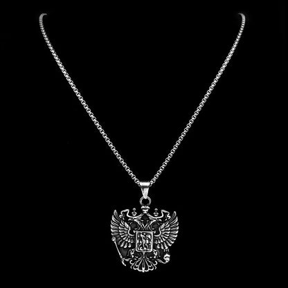 Women Men Silver Color Stainless Steel Russian Double-Headed Eagle National Emblem Symbol Pendant Necklace