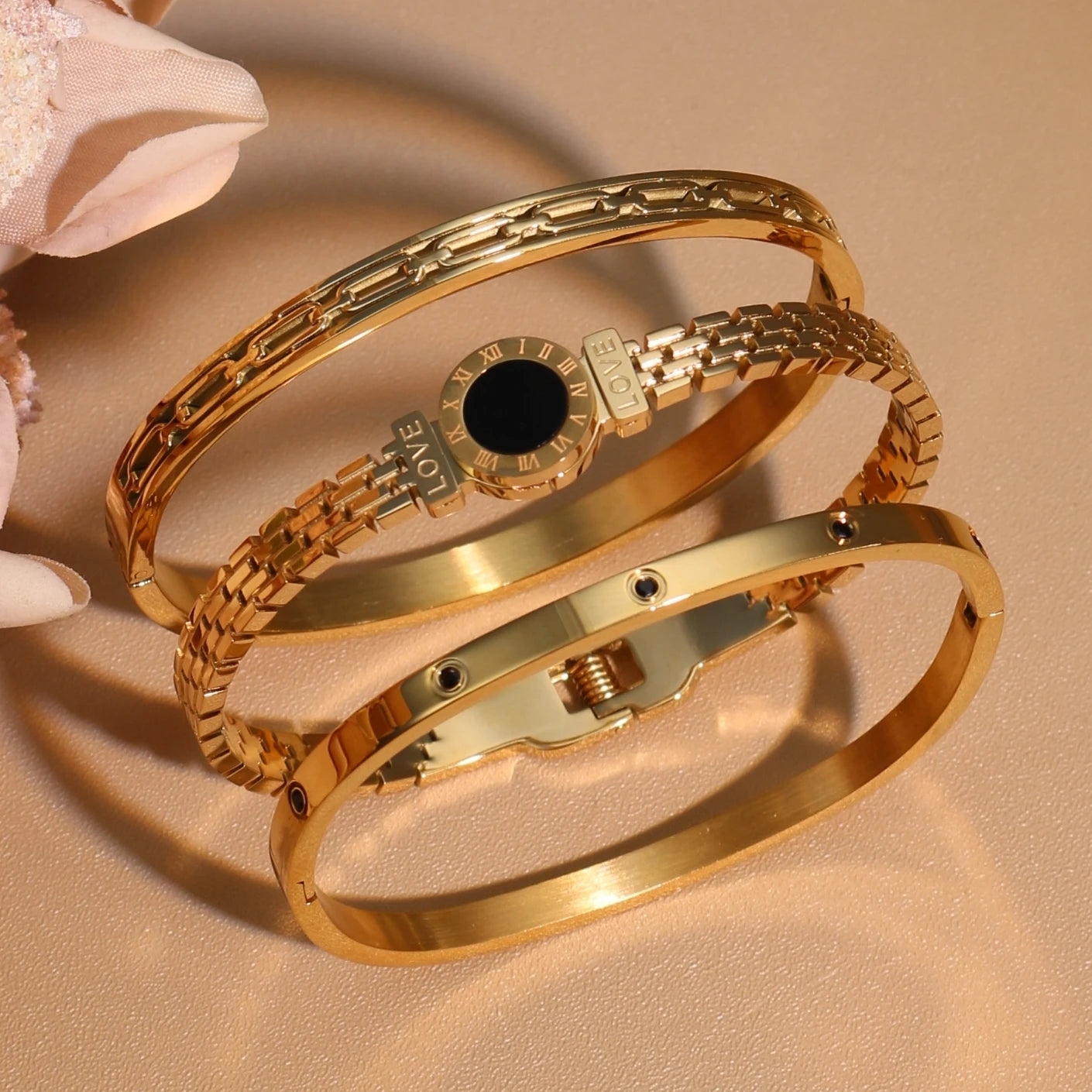 Stainless Steel Zircon Roman Numeral Chain Design Women Bracelet Bangle