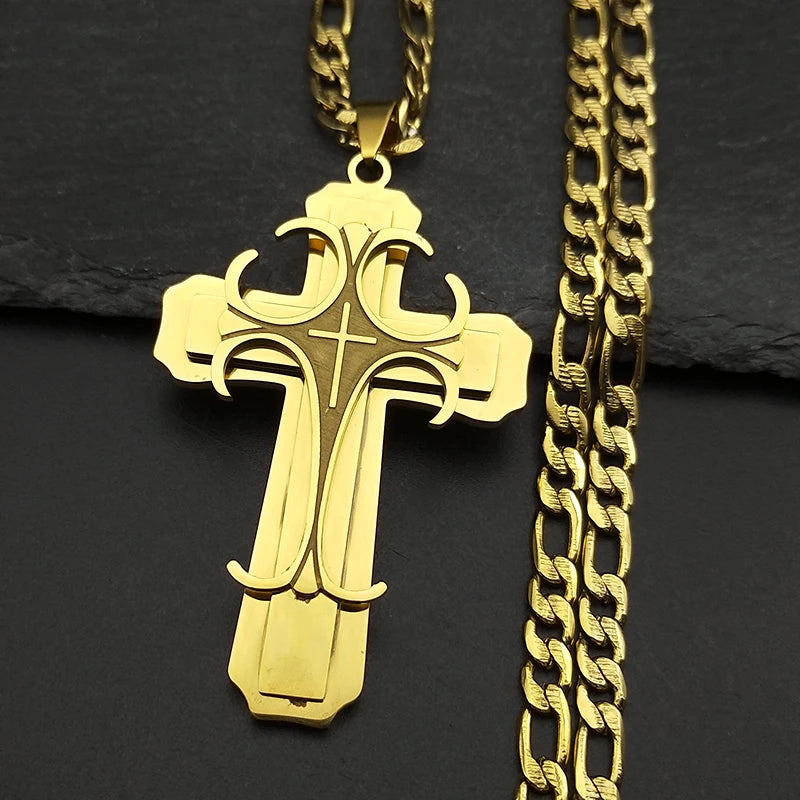 Men Stainless Steel Gold Color Christian Jesus Cross Crucifix Pendant Necklace