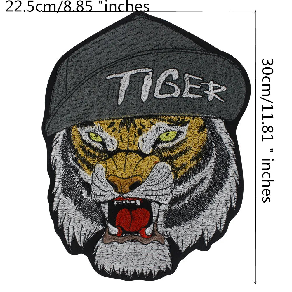 Large Size Biker Applique Fierce Tiger head Embroidery Patches Iron on for Clothes Animal Stickers Patch