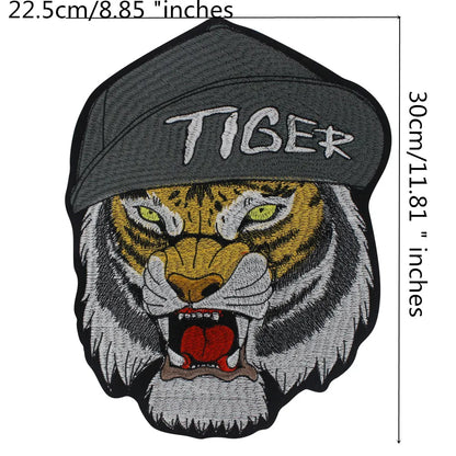 Large Size Biker Applique Fierce Tiger head Embroidery Patches Iron on for Clothes Animal Stickers Patch
