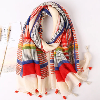 Women Fashion Large Cotton Flower Designs Tassel Prints Scarves Wrap Shawl Scarf