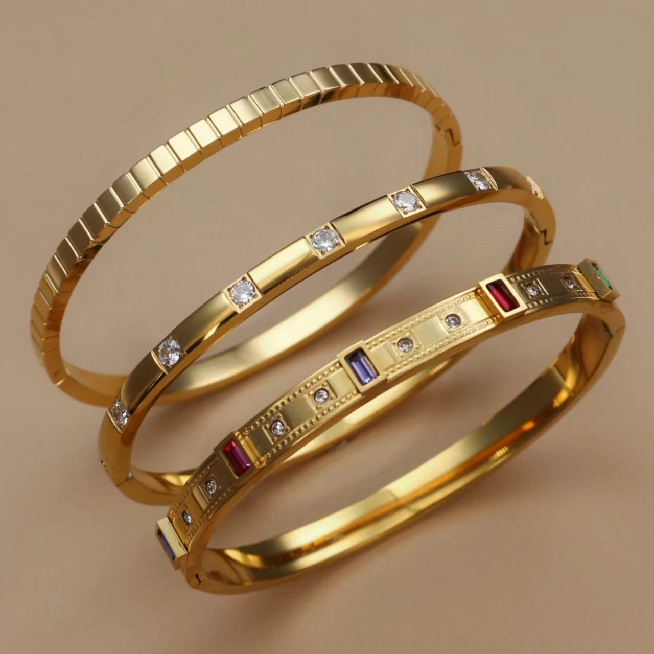 Women's cz Design Inlay Square Small Colored Zircon Stainless Steel Gold Color Bracelet Bangle