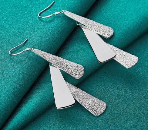 Women 925 Sterling Silver Frosted Long Geometric Charm Fashion Wedding Engagement Drop Earrings